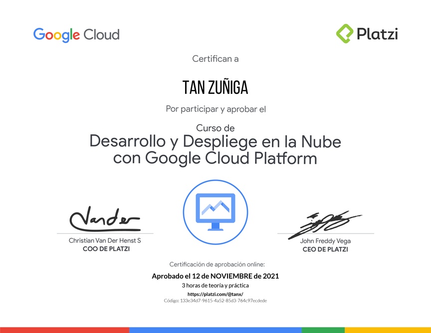 Diploma del Curso de Desarrollo y Despliegue en la Nube con Google Cloud Platform