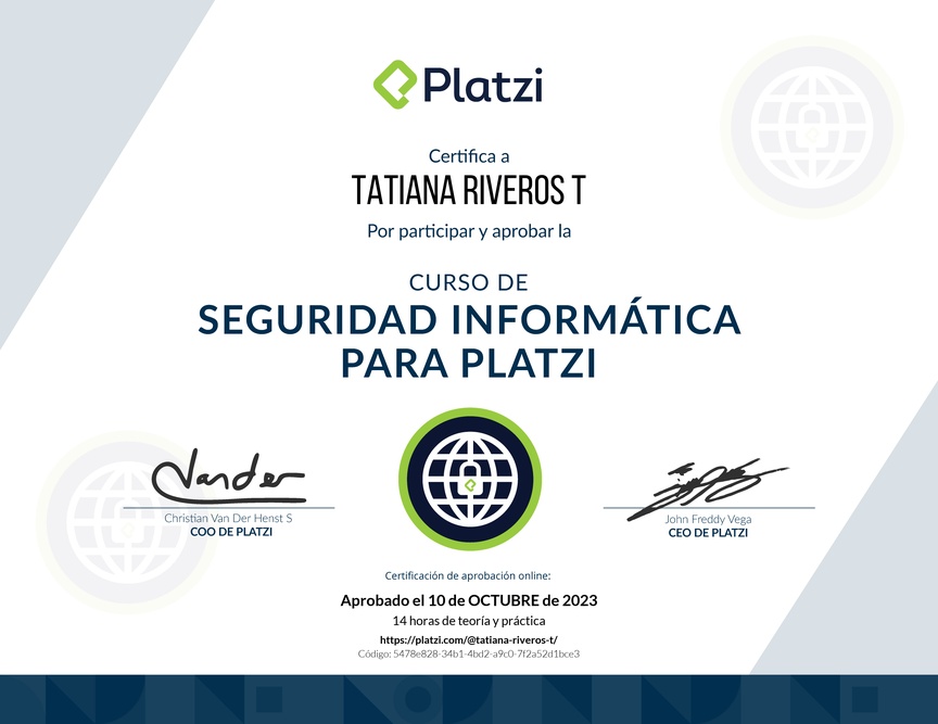 Diploma del Curso de Seguridad Informática para Platzi