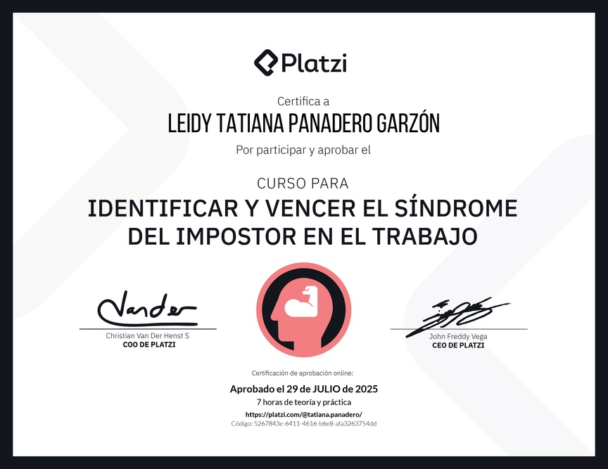 Diploma del Curso para Identificar y Vencer el Síndrome del Impostor