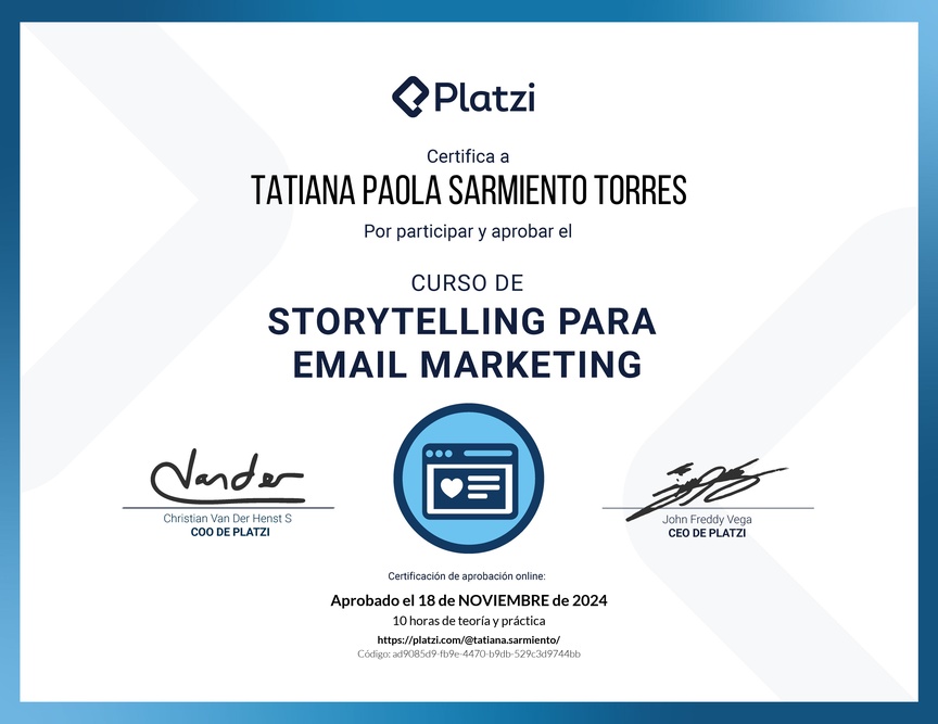 Diploma del Curso de Técnicas de Storytelling en Email Marketing