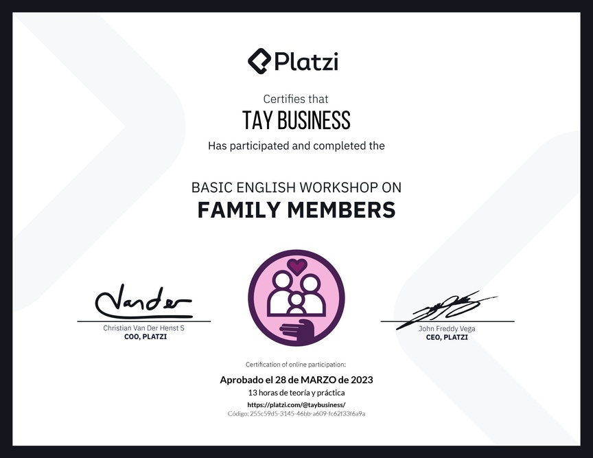 Diploma del Curso de Inglés Práctico sobre los Miembros de la Familia