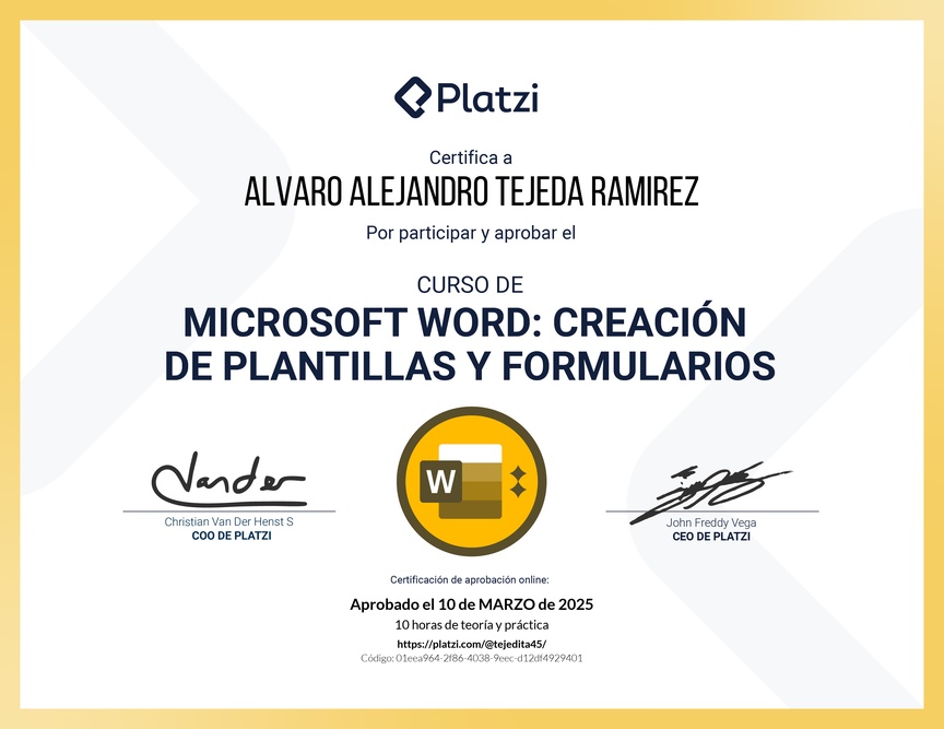 Diploma del Curso de Microsoft Word: Diseño de Plantillas y Creación de Formularios