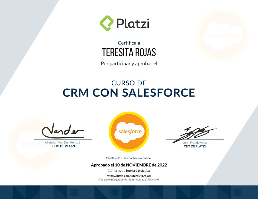 Diploma del Curso de CRM con Salesforce