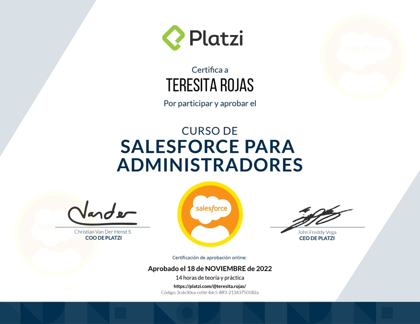 Diploma del Curso de Salesforce para Administradores