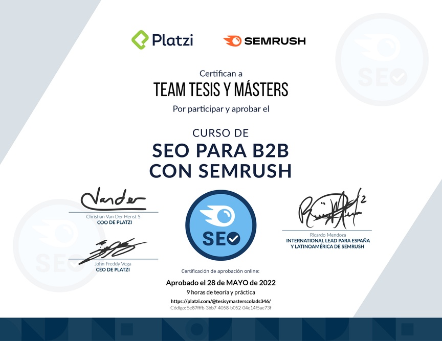 Diploma del Curso de SEO para B2B con Semrush