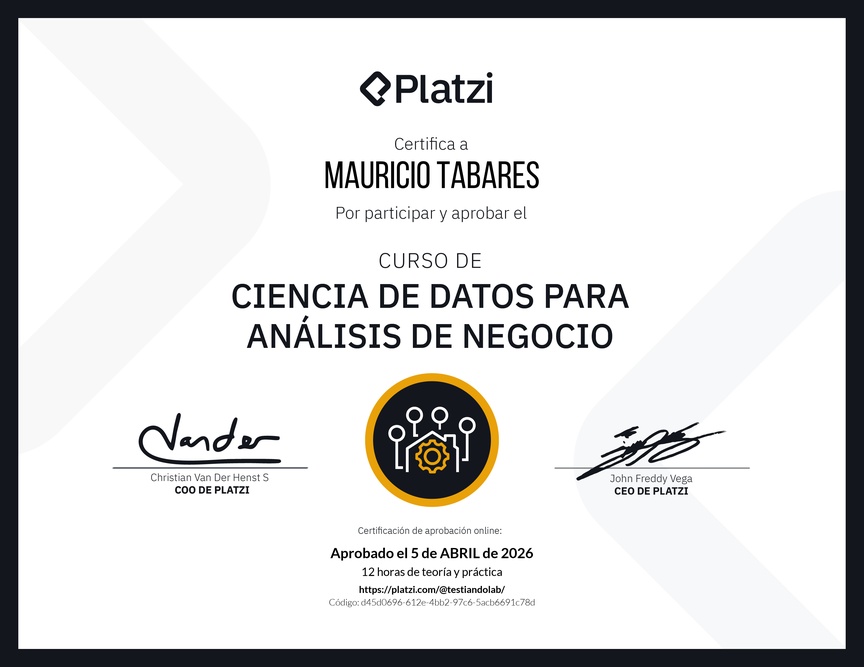 Diploma del Curso de Ciencia de Datos para Análisis de Negocio