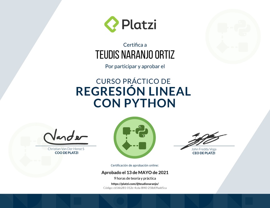 Diploma del Curso Práctico de Regresión Lineal con Python