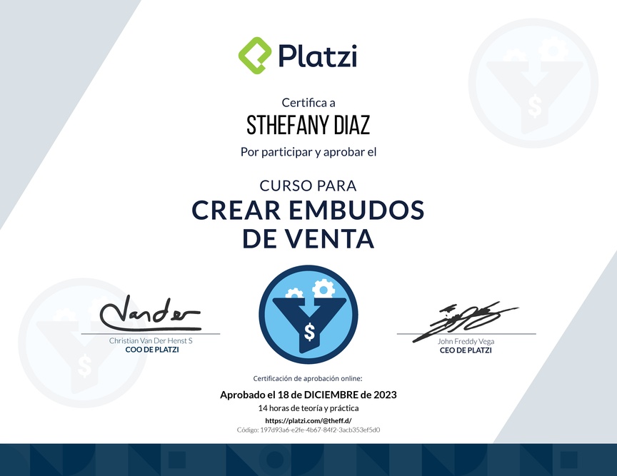 Diploma del Curso de Creación y Optimización de Embudos de Venta (2022)