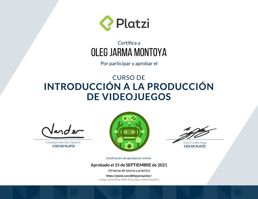 Diploma del Curso de Introducción a la Producción de Videojuegos