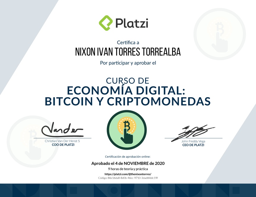 Diploma del Curso de Lectura Economía Digital: Bitcoin y Criptomonedas