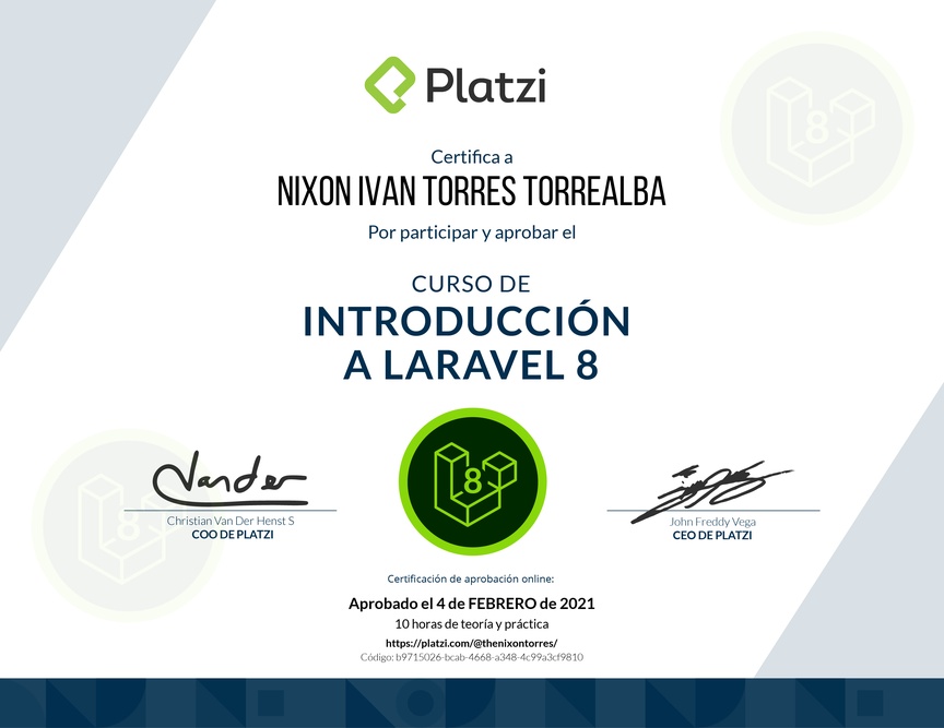 Diploma del Curso de Introducción a Laravel 8