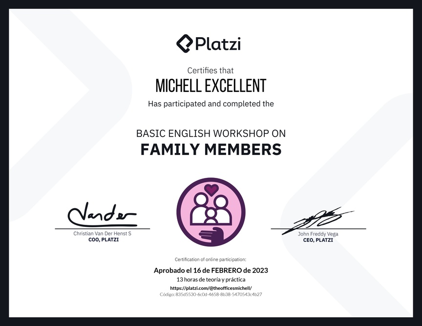 Diploma del Curso de Inglés Práctico sobre los Miembros de la Familia