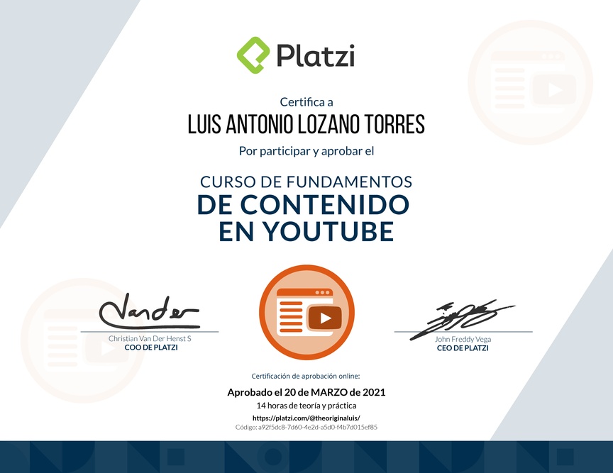 Diploma del Curso de Fundamentos de Contenido de YouTube