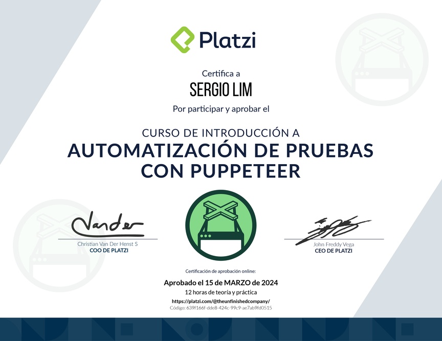 Diploma del Curso de Automatización de Pruebas con Puppeteer