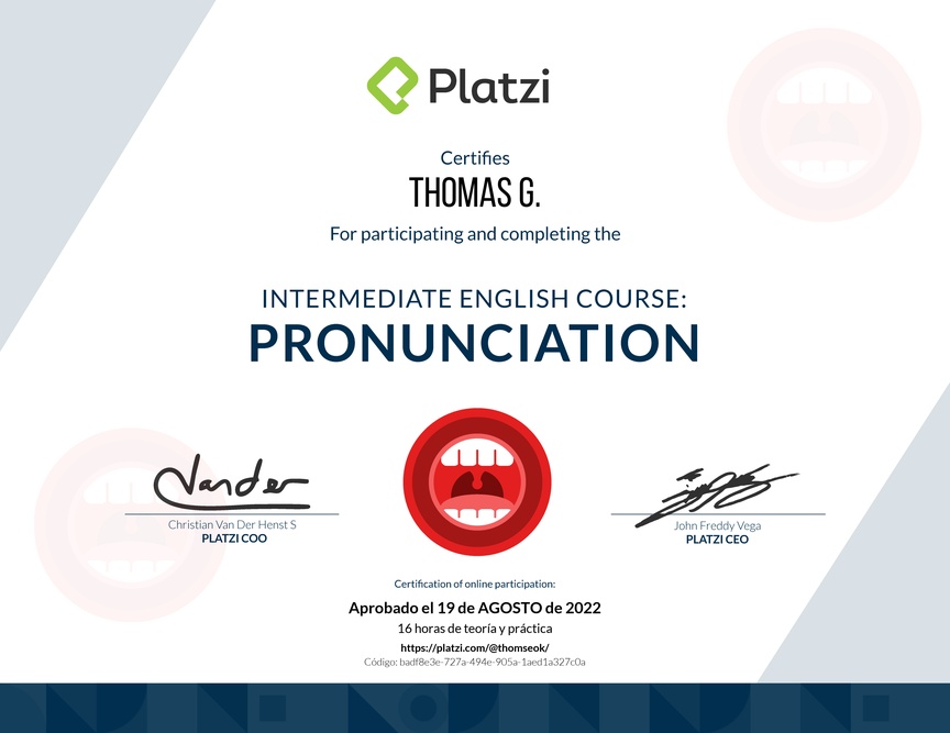 Diploma del Curso de pronunciación Intermedia en Inglés 2020