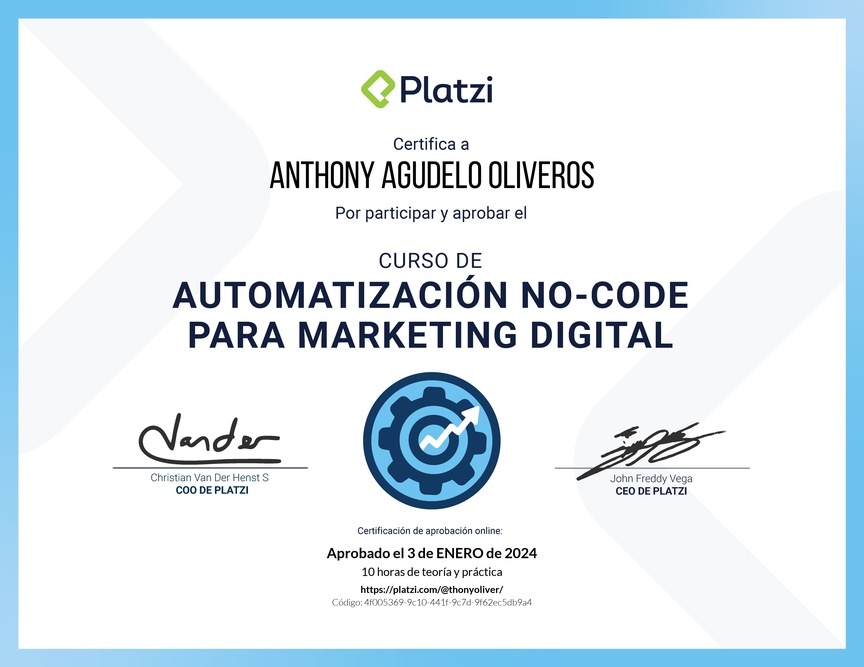 Diploma del Curso para Crear Automatizaciones No-Code para Marketing Digital