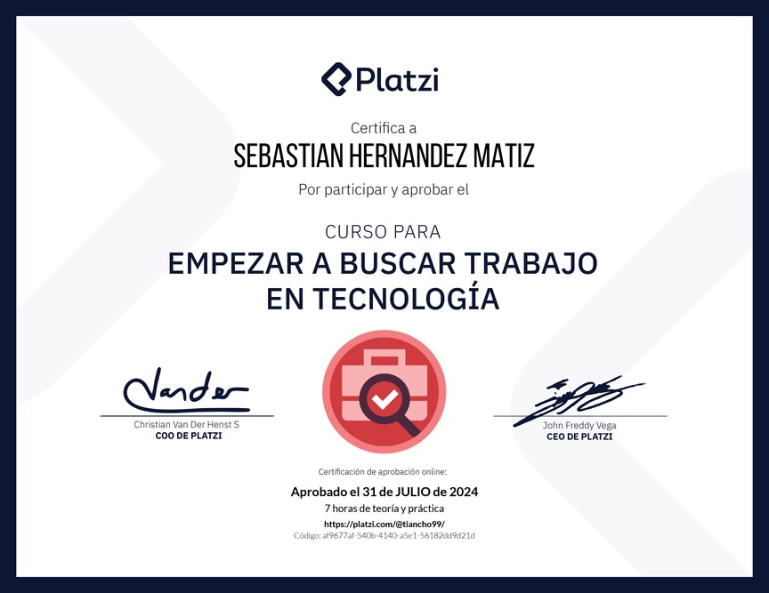 Diploma del Curso para Empezar a Buscar Trabajo en Tecnología