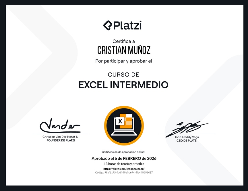 Diploma del Curso de Excel Intermedio