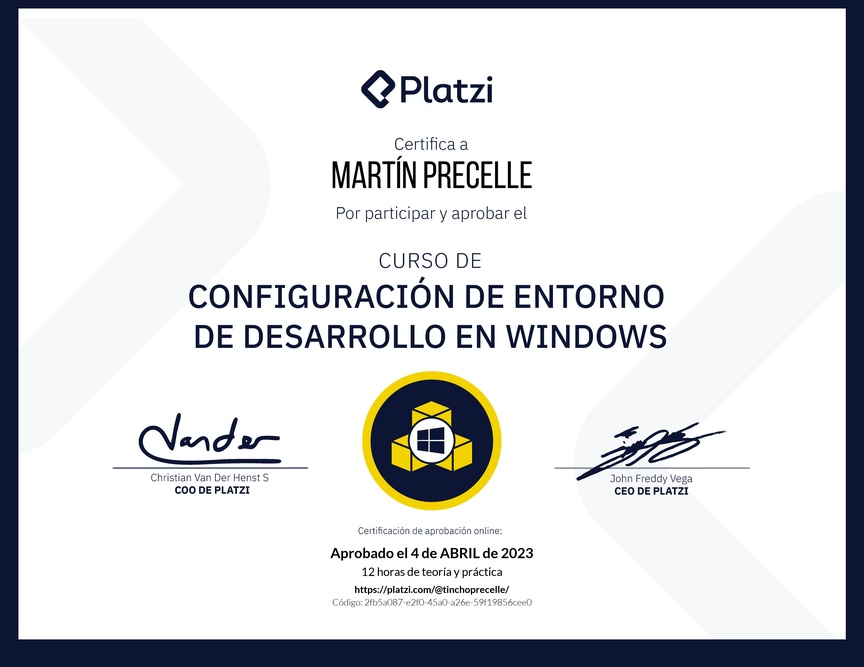 Diploma del Curso de Configuración de Entorno de Desarrollo en Windows