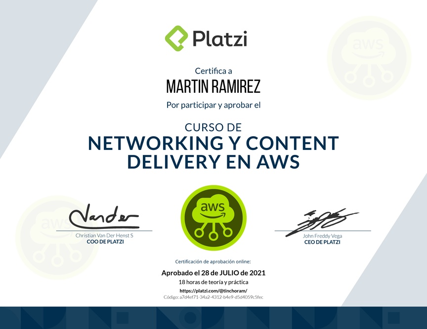 Diploma del Curso Práctico de Networking y Content Delivery en AWS