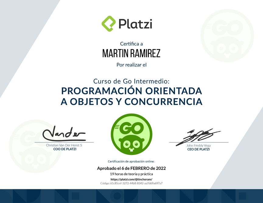 Diploma del Curso de Go Intermedio: Programación Orientada a Objetos y Concurrencia
