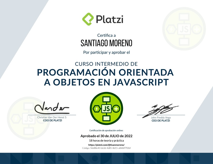 Diploma del Curso Intermedio de Programación Orientada a Objetos en JavaScript