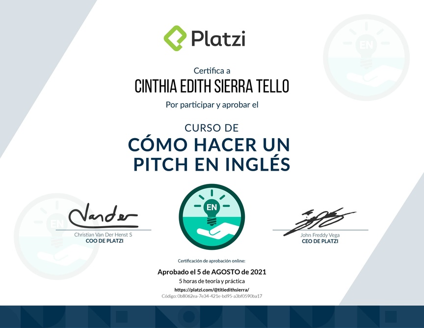 Diploma del Curso de Cómo Hacer un Pitch en Inglés para Levantar Capital