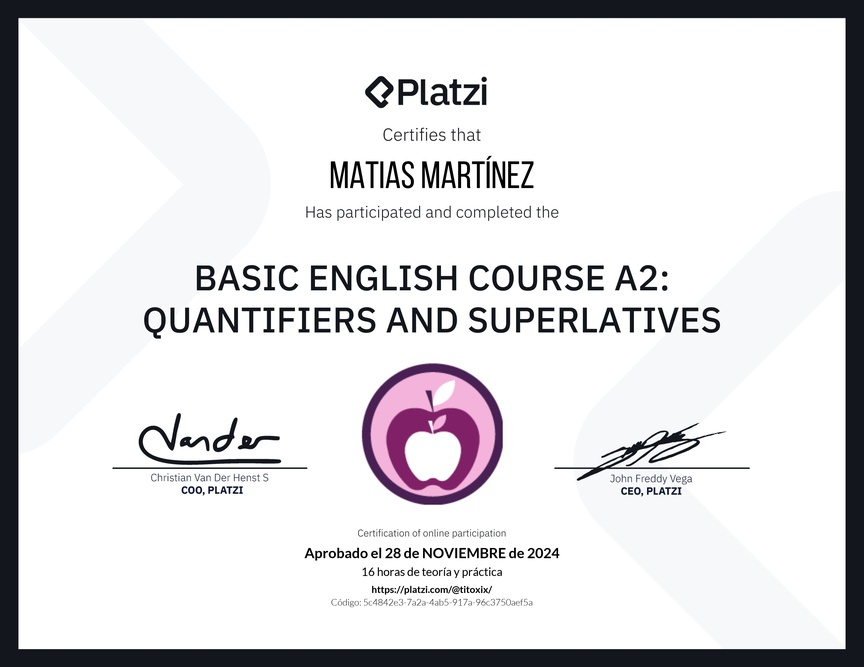 Diploma del Curso de Inglés Básico A2: Cuantificadores y Superlativos