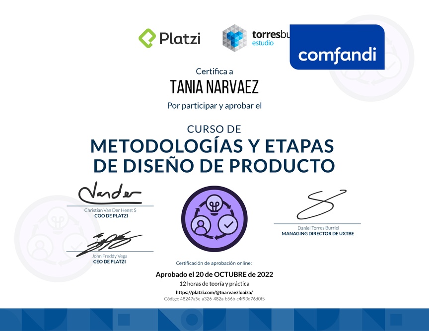 Diploma del Curso de Metodologías de Diseño de Productos Digitales