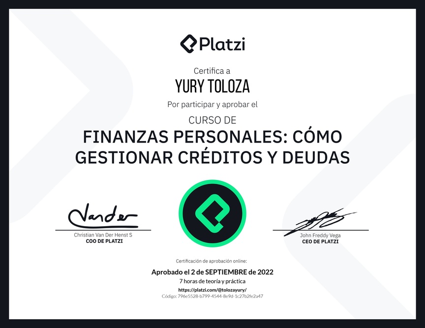Diploma del Curso de Finanzas Personales: Cómo Gestionar Créditos y Deudas