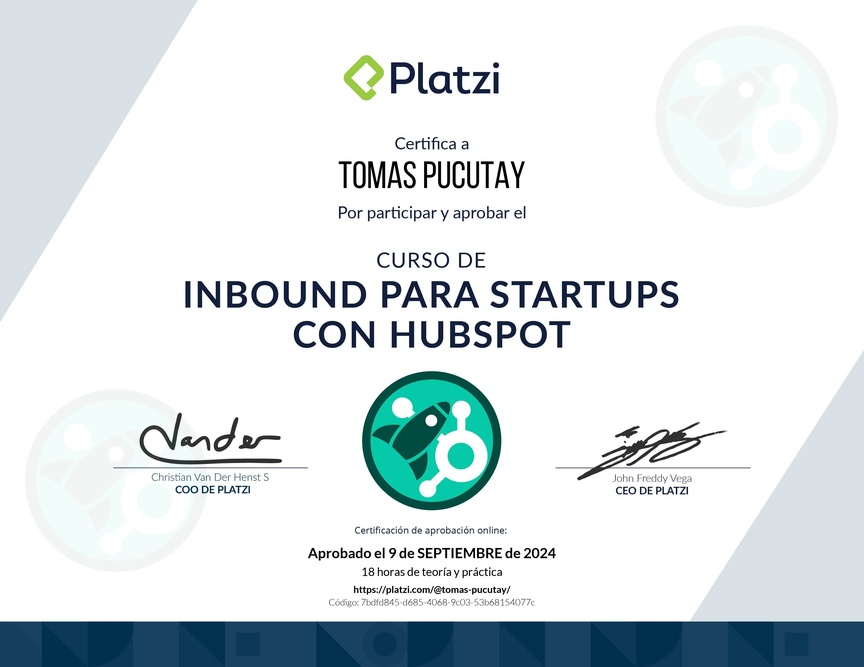Diploma del Curso de Inbound para Startups con HubSpot