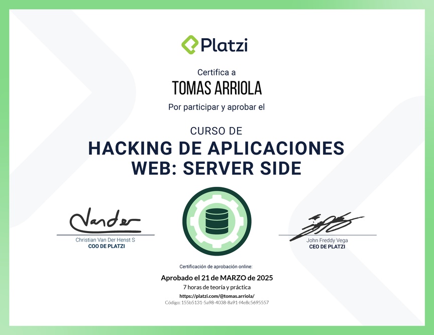 Diploma del Curso de Hacking: Aplicaciones Web Server Side