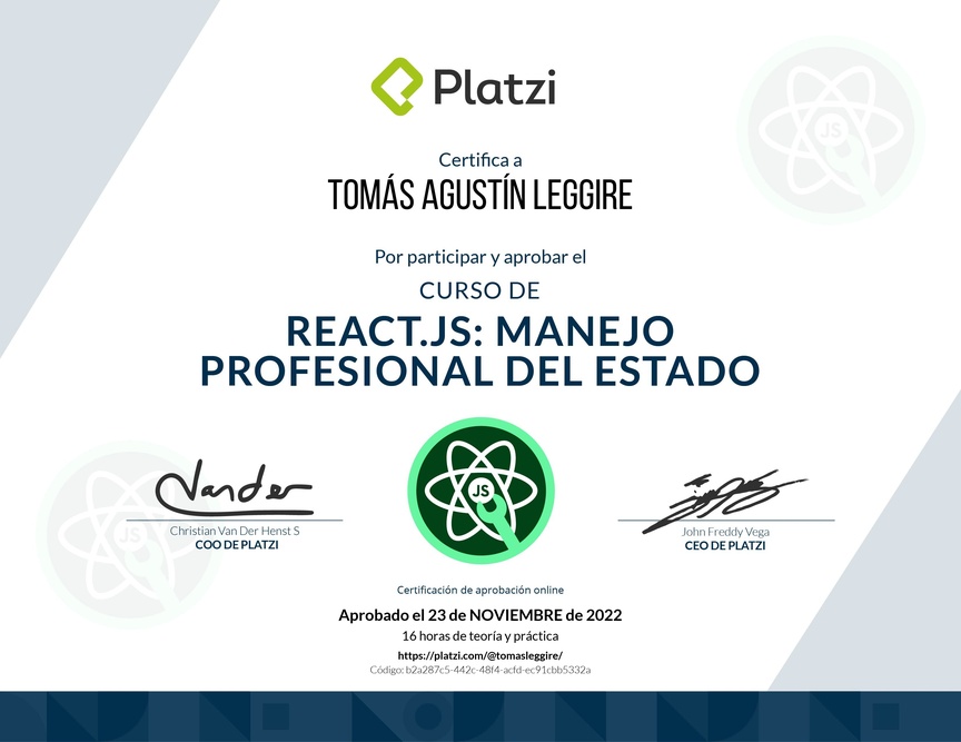 Diploma del Curso de React.js: Manejo Profesional del Estado