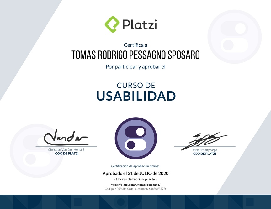 Diploma del Curso de Usabilidad: Principios, Pruebas y Herramientas Avanzadas