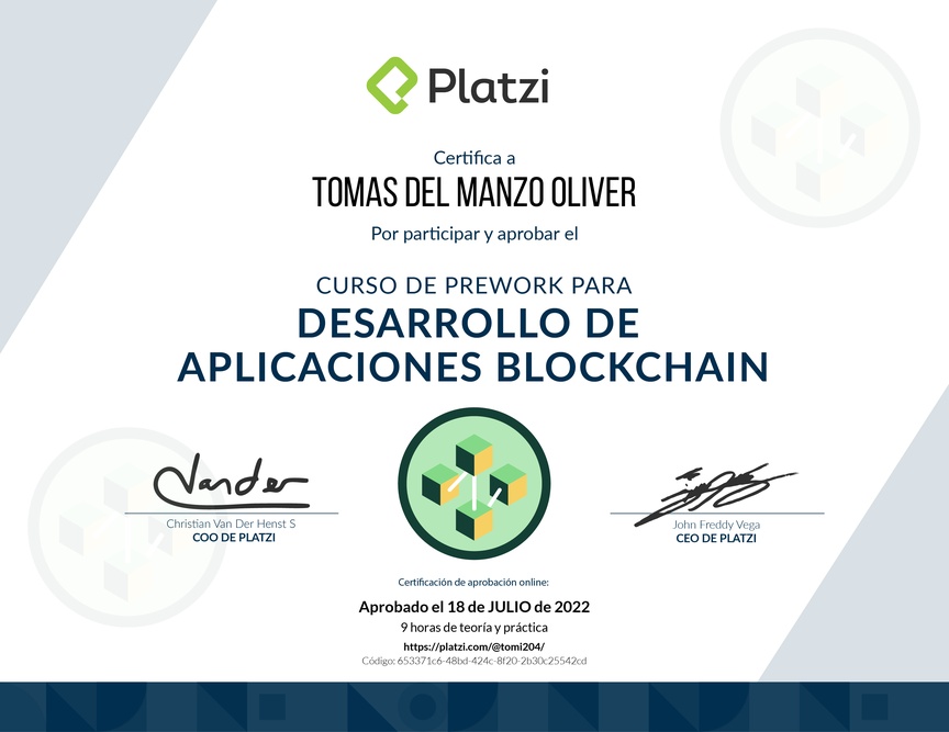 Diploma del Curso de Prework para Desarrollo de Aplicaciones Blockchain 2021