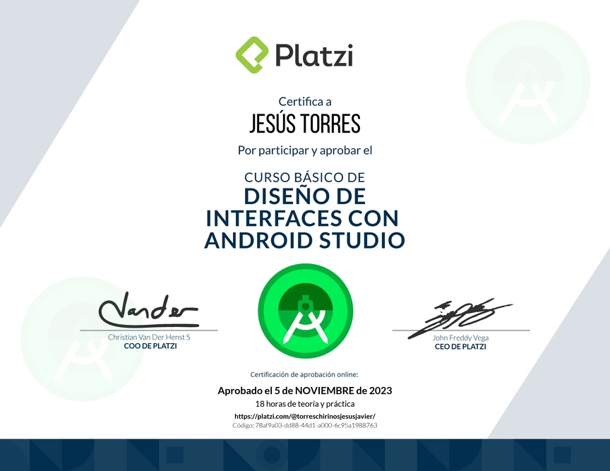 Diploma del Curso Básico de Diseño de Interfaces con Android Studio