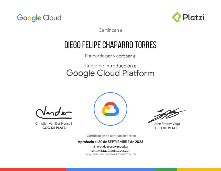 Diploma del Curso de Introducción a Google Cloud Platform