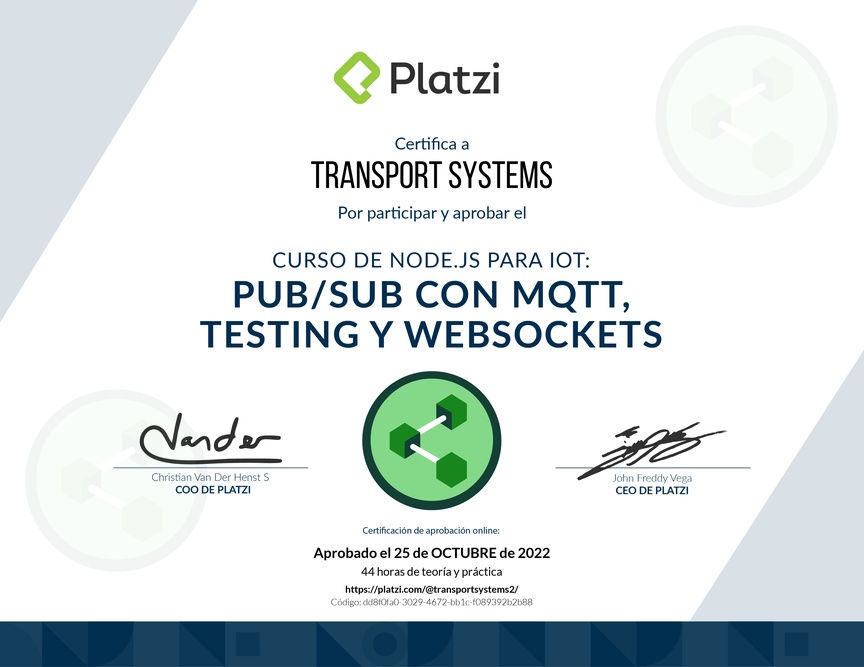 Diploma del Curso de Node.js para IoT: Pub/Sub con MQTT, Testing y WebSockets