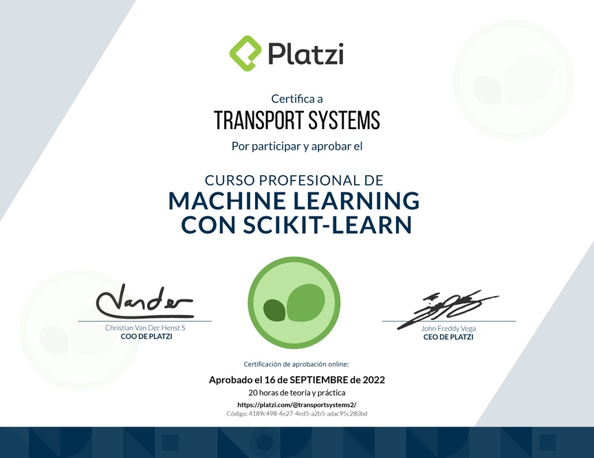 Diploma del Curso Profesional de Machine Learning con scikit-learn