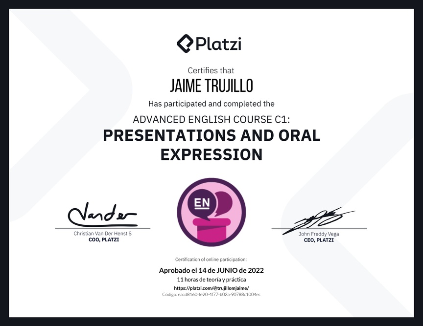 Diploma del Curso de Inglés Avanzado C1: Presentaciones y Expresión Oral