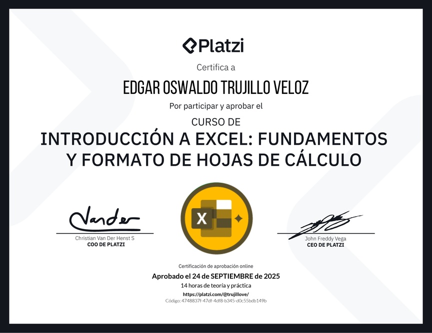 Diploma del Curso de Introducción a Excel para Principiantes: Fundamentos y Formato de Hojas de Cálculo
