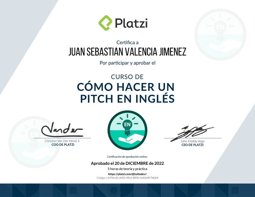 Diploma del Curso de Cómo Hacer un Pitch en Inglés para Levantar Capital