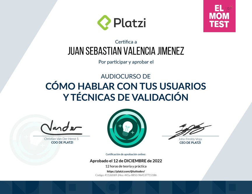 Diploma de Audiocurso Cómo Hablar Con Tus Usuarios y Técnicas de Validación