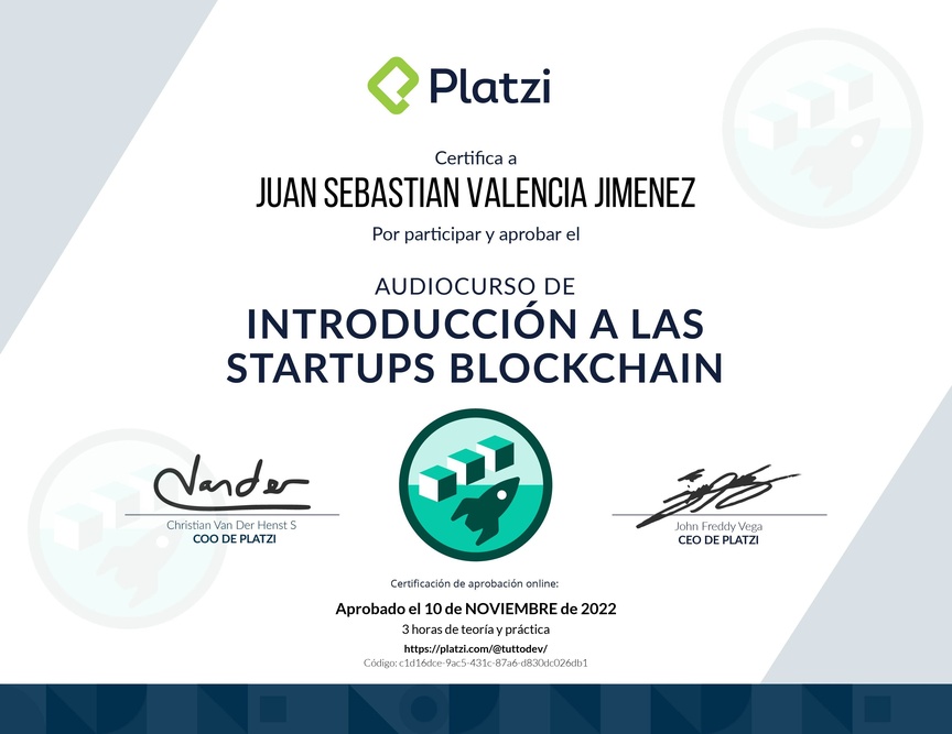 Diploma de Audiocurso de Introducción a las Startups Blockchain