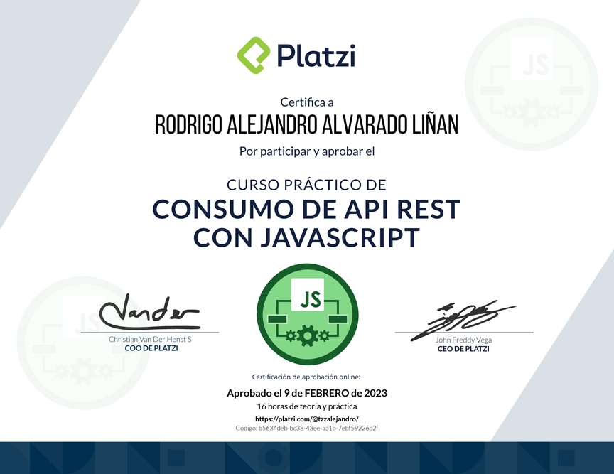 Diploma del Curso de API REST con Javascript: Ejemplos con APIs reales