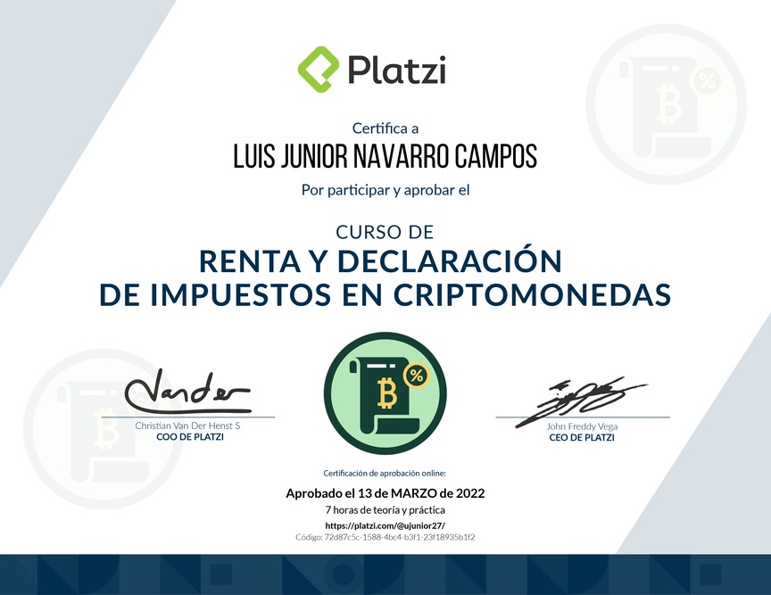 Diploma de Audiocurso de Renta y Declaración de Impuestos en Criptomonedas 2021