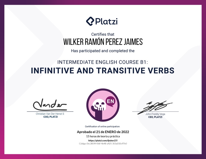Diploma del Curso de Inglés Intermedio B1: Verbos Infinitivos y Transitivos (2021)