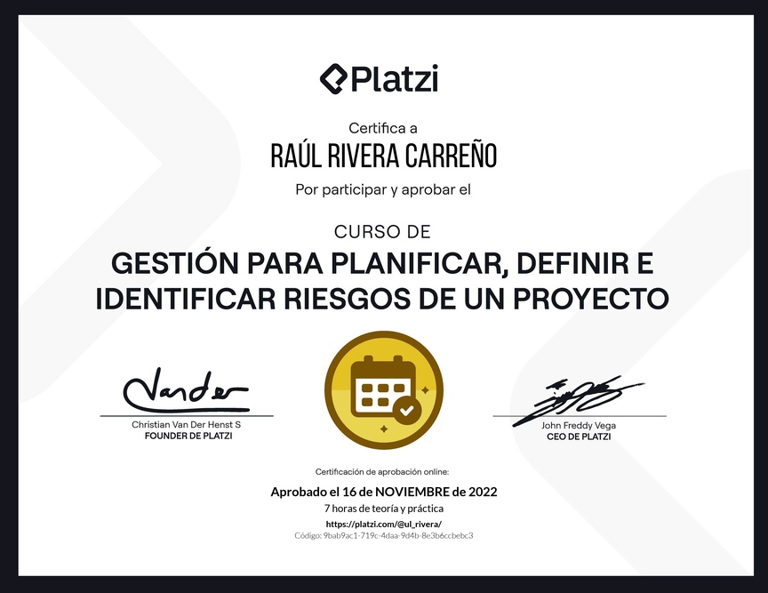 Diploma del Curso de Gestión para Planificar, Definir e Identificar Riesgos de un Proyecto