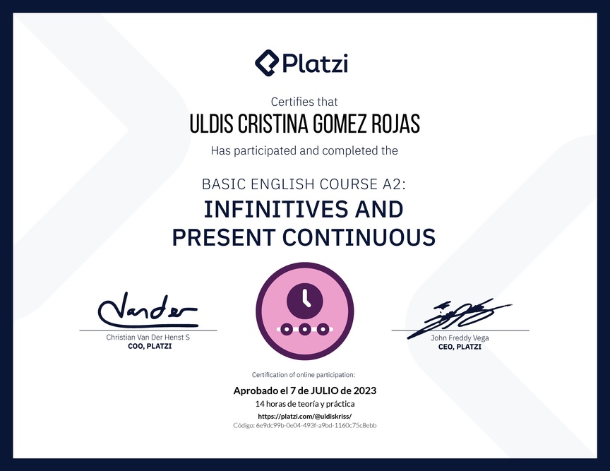 Diploma del Curso de Inglés Básico A2: Infinitivos y Presente Continuo