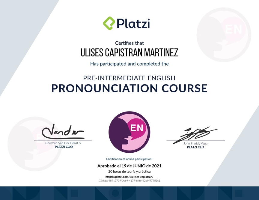 Diploma del Curso de Inglés Práctico: Pronunciación 2020